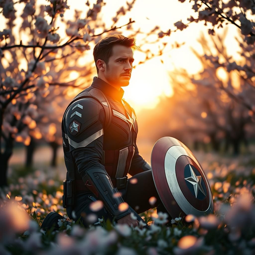 Captain America in Cherry Blossom Field at Sunset