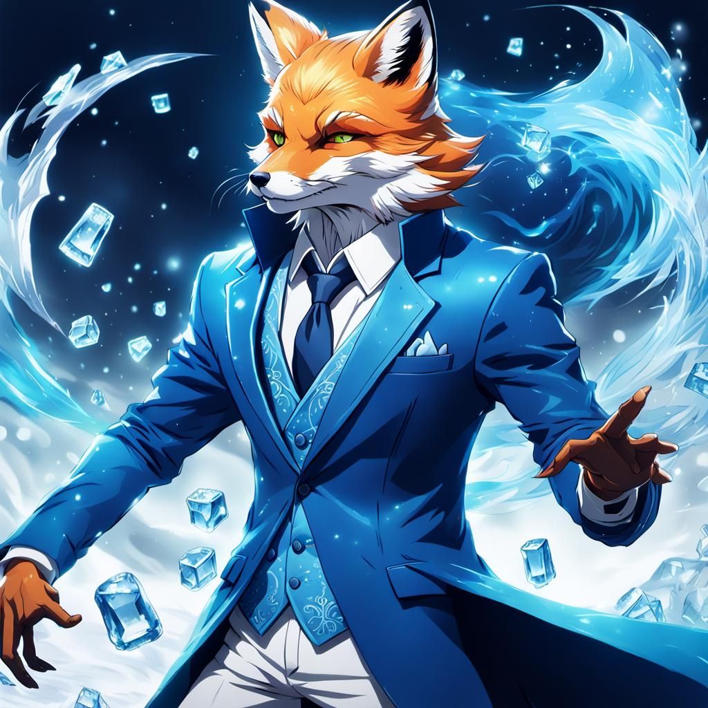 Fox Sorcerer Casts Ice Magic: Anime Cel-Shaded Art