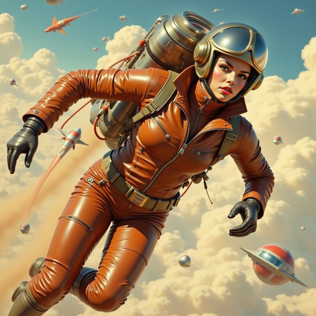 Ace Rockwell Soaring with Jetpack in Retro-Futuristic Style