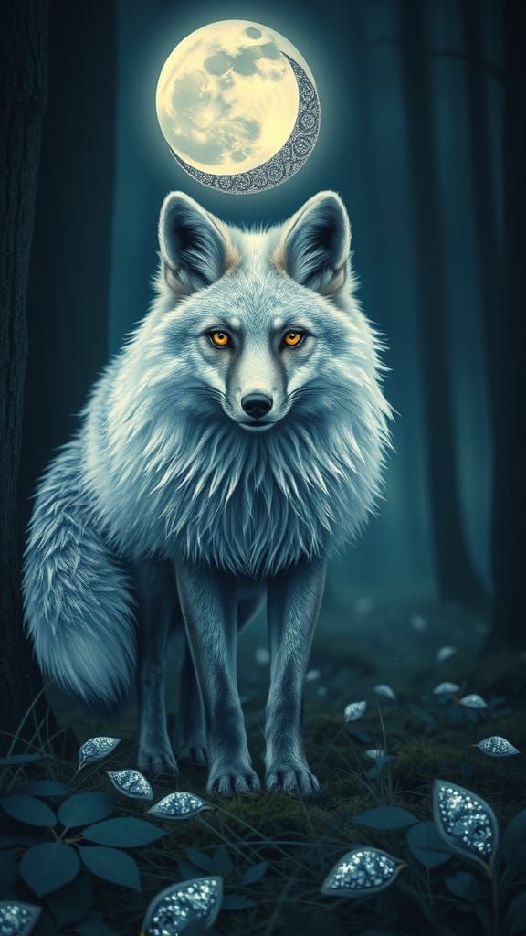 Mystical Silver Fox in Moonlit Forest