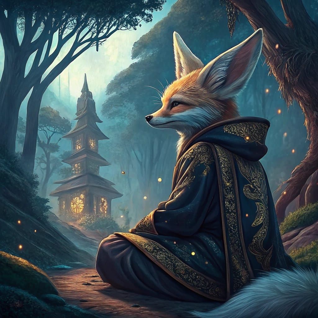 Fennec Fox Monk in Ethereal Forest