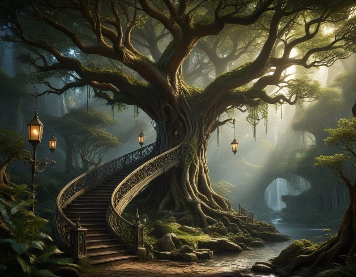 Ethereal Mallorn Tree of Caras Galadhon in Twilight