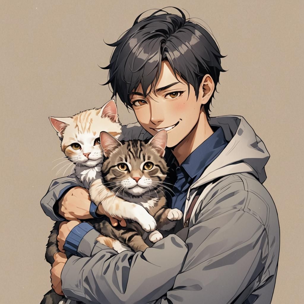 Man Hugging Cat in Anime Style