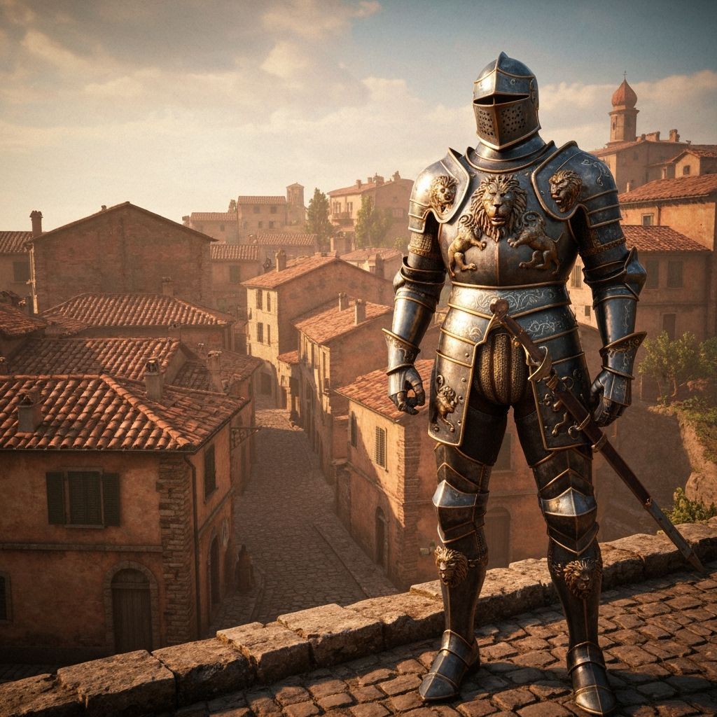 Renaissance Knight Overlooking Italian Village in Dramatic L...