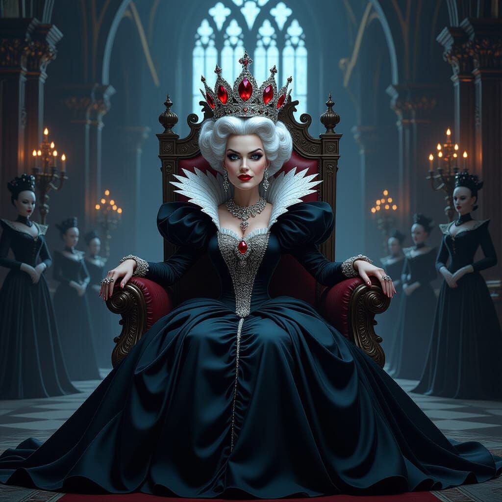 Queen's Caricature: Giant Crown, Tiny Face in Dark Fantasy H...