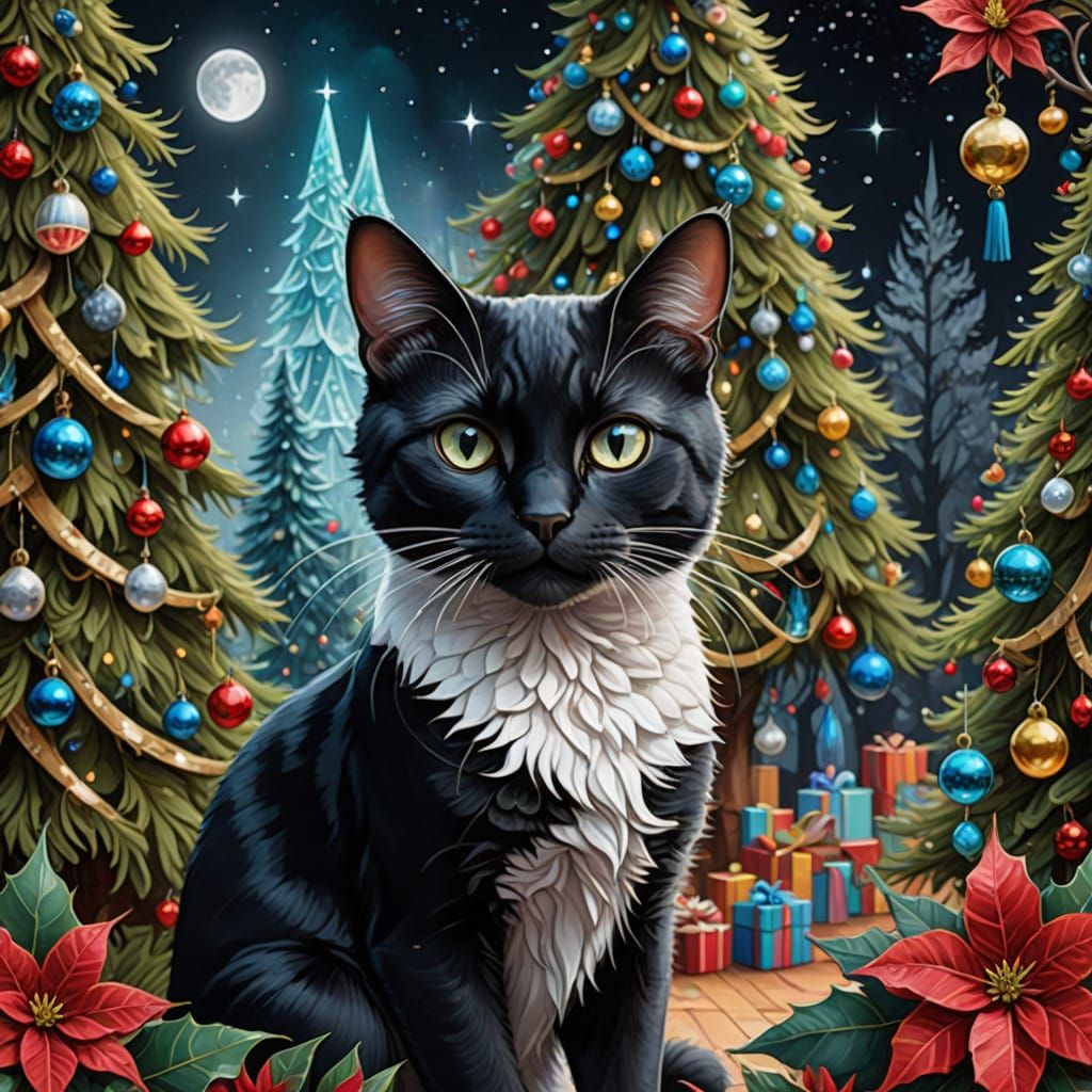 Whimsical Black and White Cat by a Vibrant Cubist Christmas...