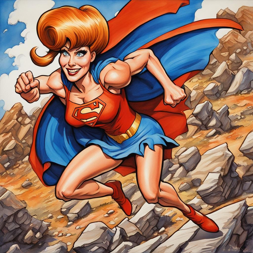 Wilma Flintstone as Supergirl in Gouache Style