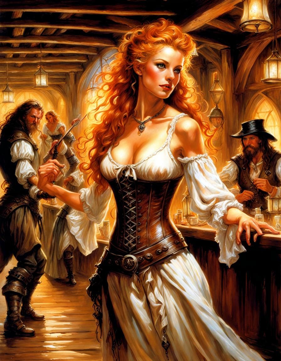 Freckled Woman Dancing in Tavern, Dark Fantasy Style