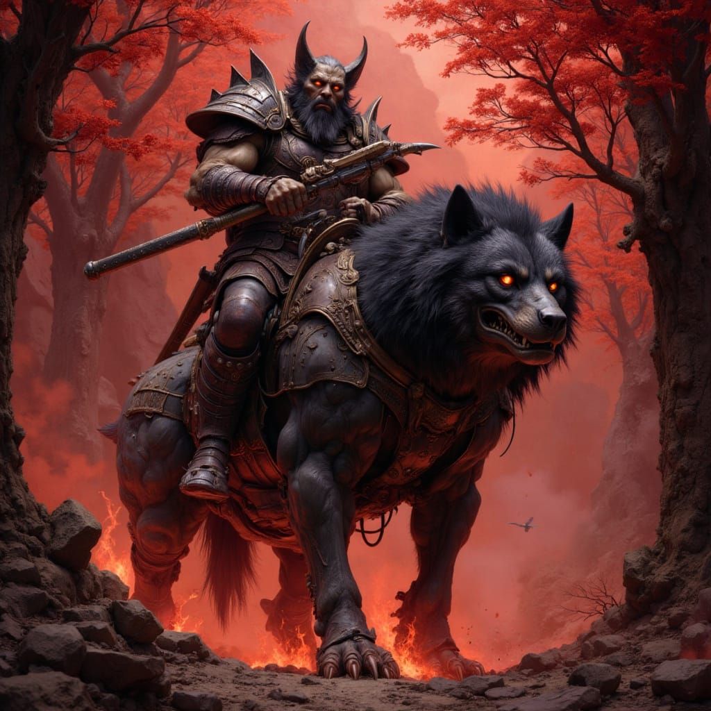 Orc Warrior on Giant Wolf in Fiery Forest