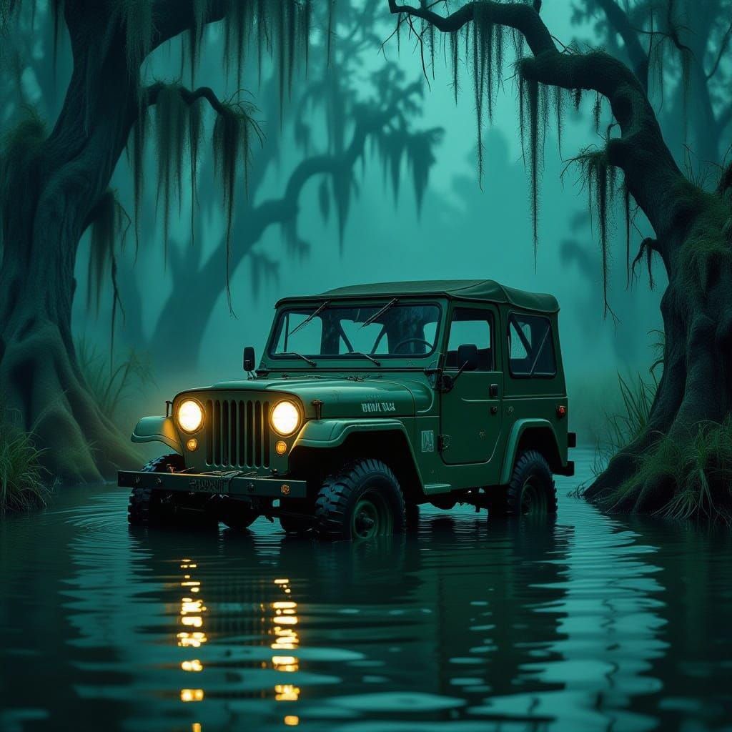 Eerie Swamp Jeep in Twilight, Surreal Atmospheric Style