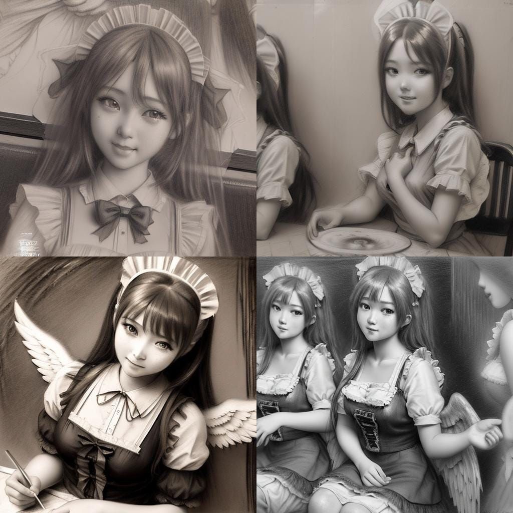 Angelic Maids in Anime Style Charcoal Drawing