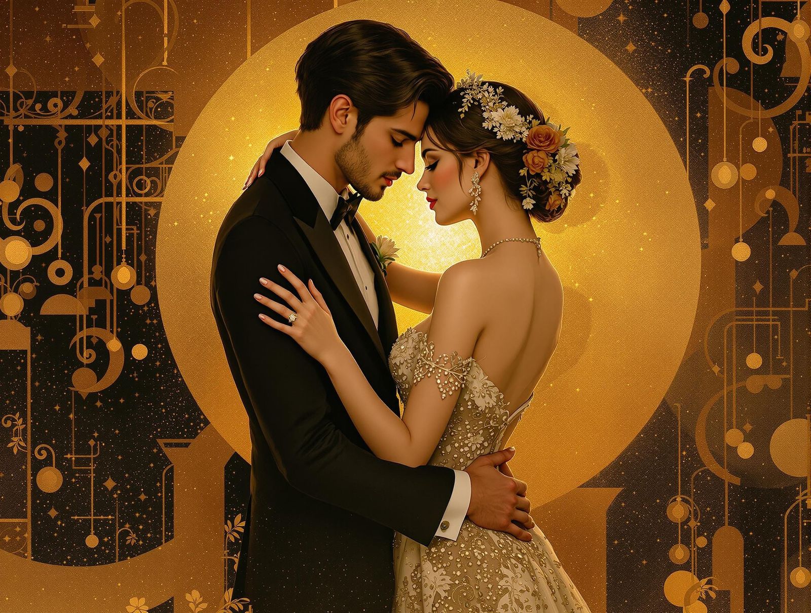 Elegant Couple Embrace in Art Nouveau Style