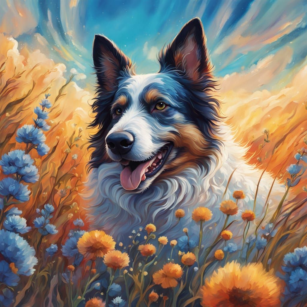 Australian Sheepdog in Cosmic Wildflower Field
