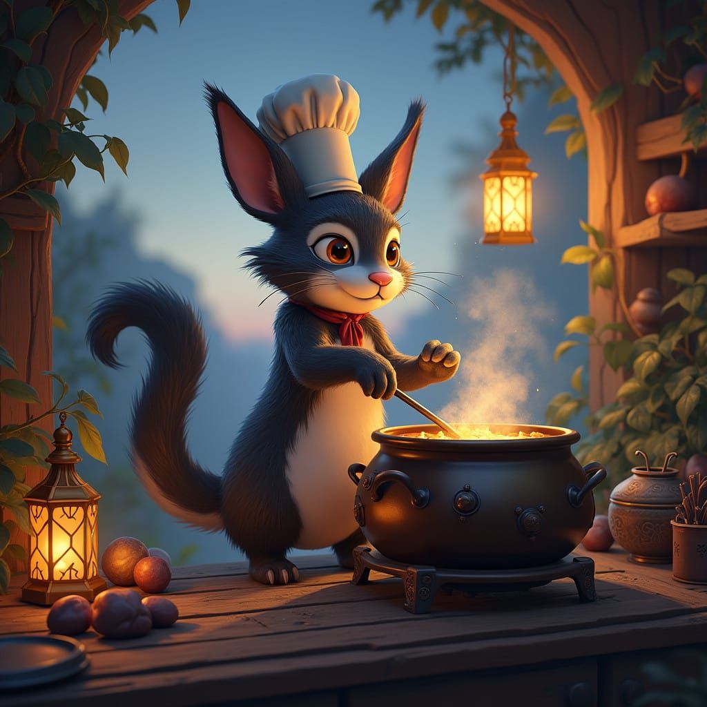 Whimsical Feline-Rabbit-Skunk Chef Stirs Magical Cat Tail So...