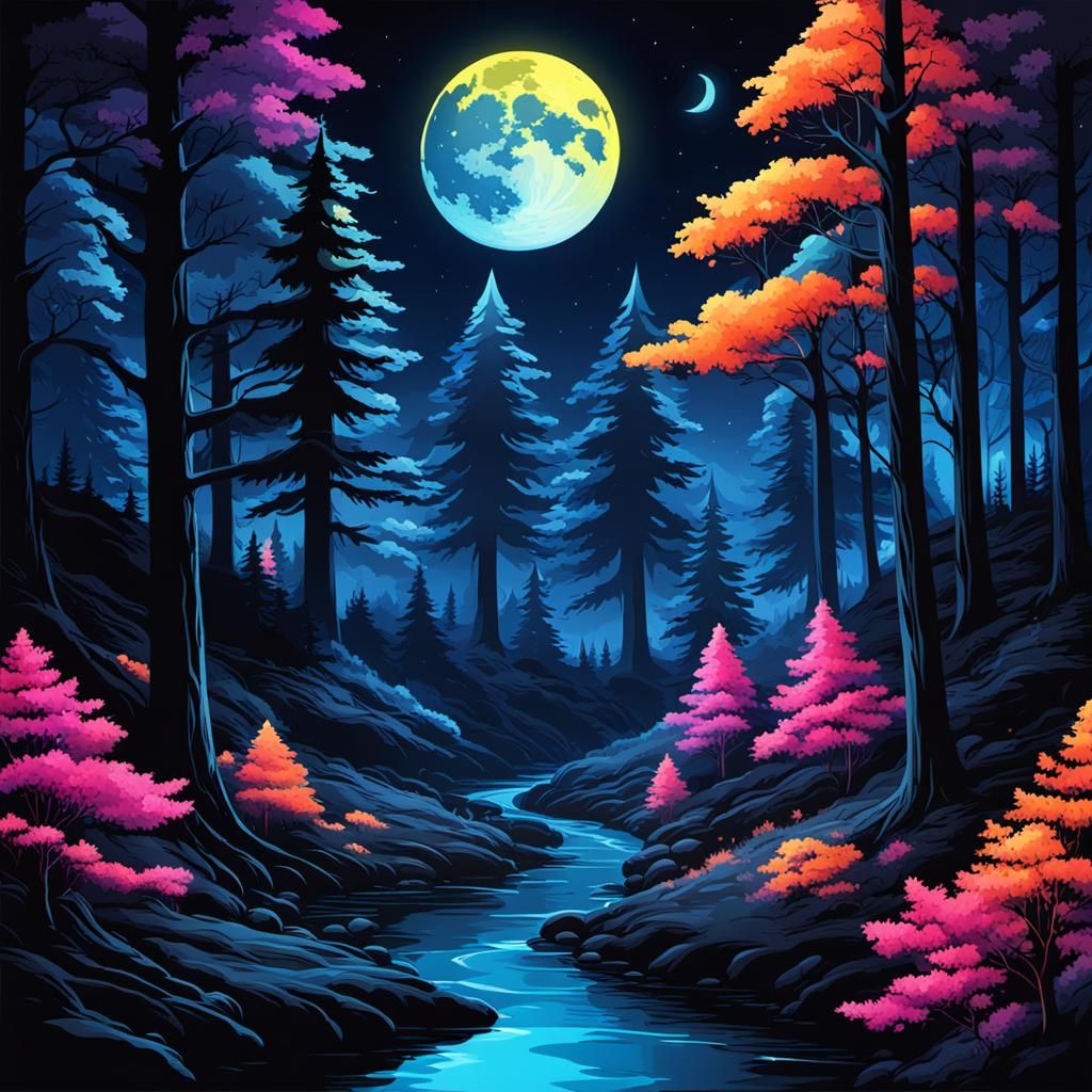 Fluorescent Forest Scene with Glowing Moon