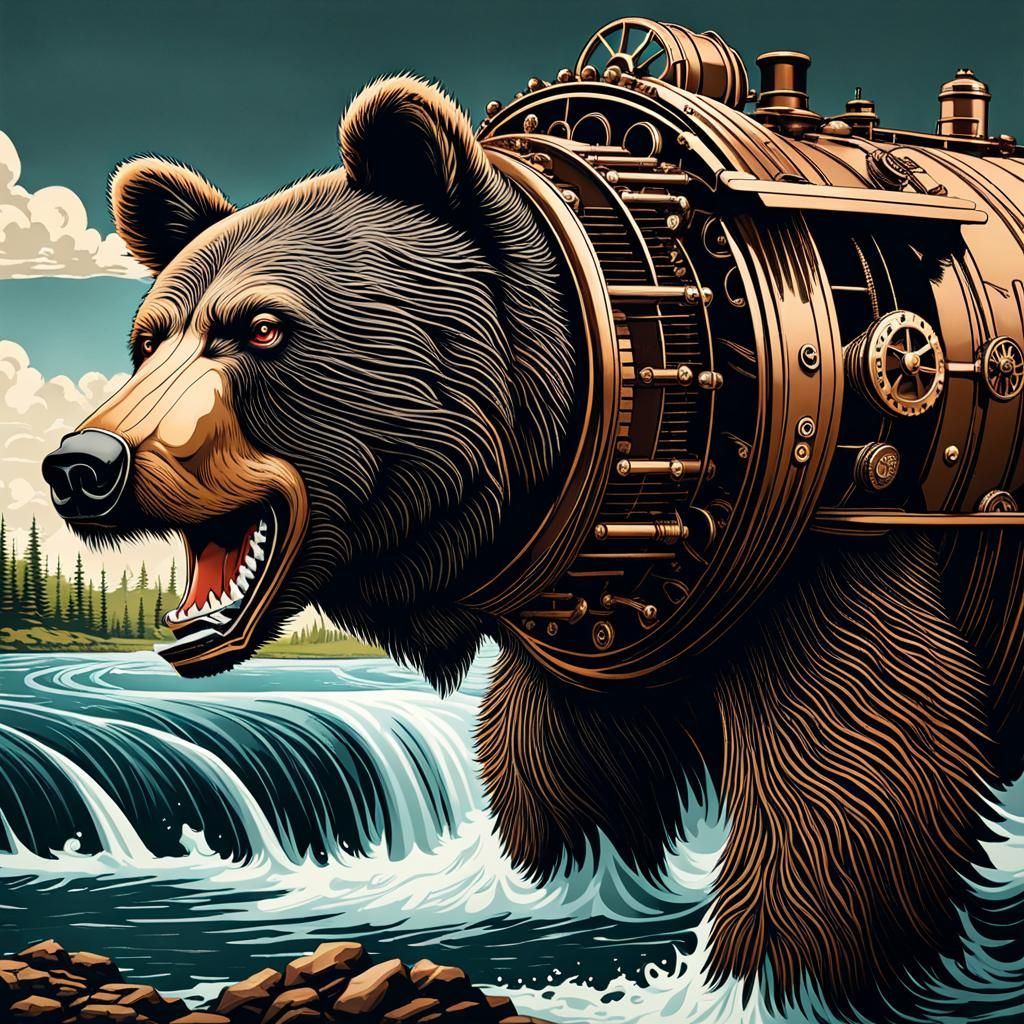 Bear and Salmon with Steampunk Engine