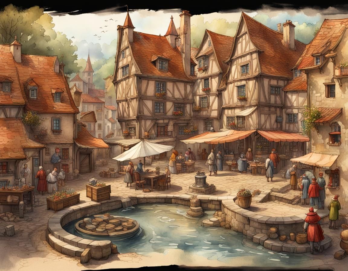 Medieval Village Market Watercolor Diorama