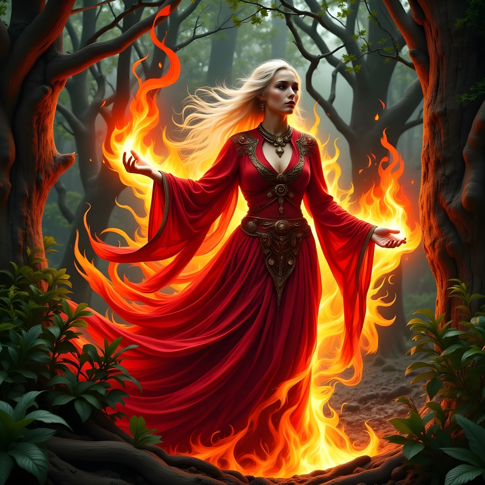 Fiery Sorceress in Mystical Forest: Art Nouveau Style