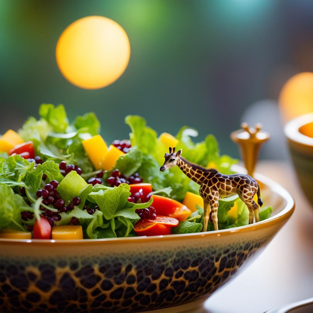 Miniature Giraffe Reaching for Salad Bowl