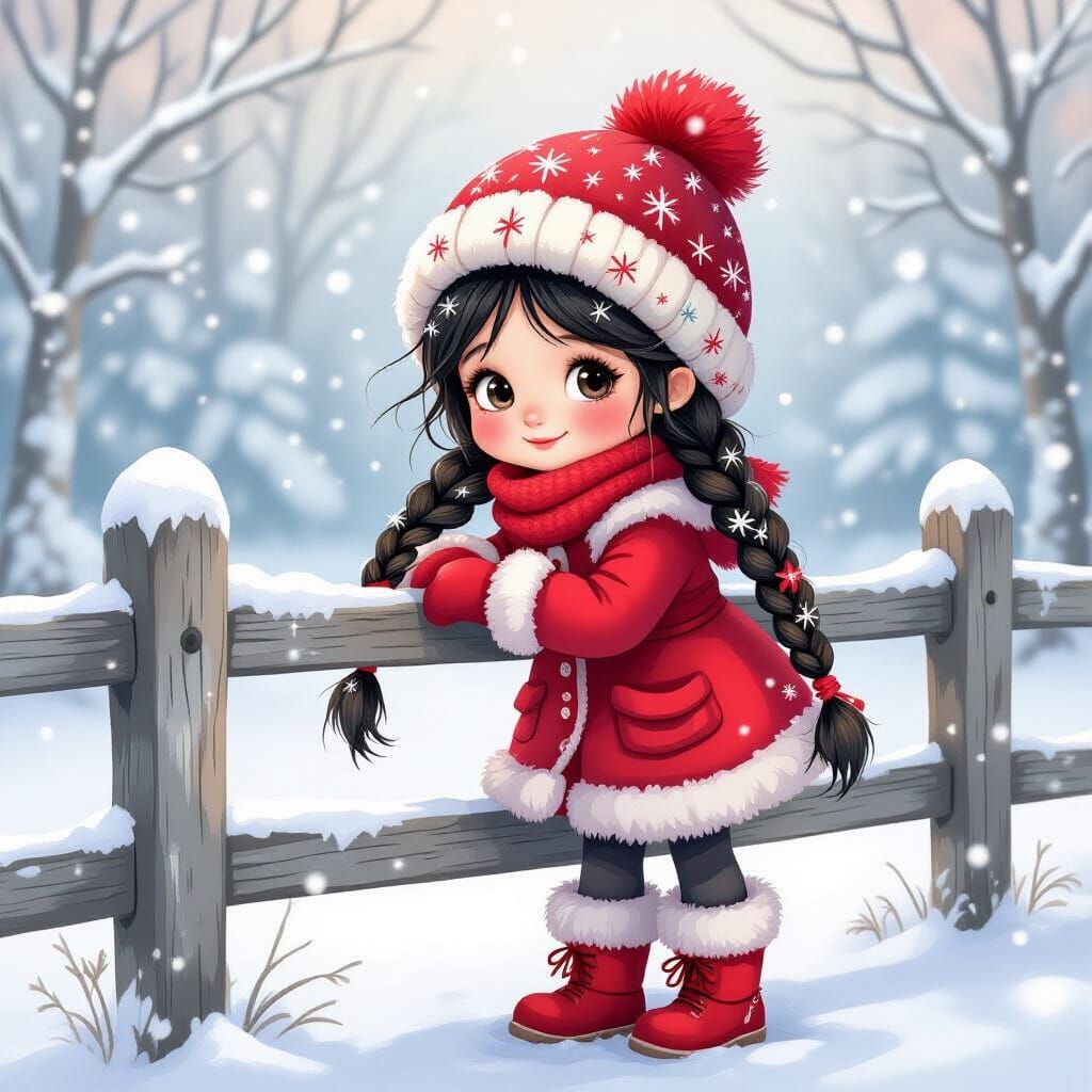 Fairytale Winter Girl in Snowy Forest