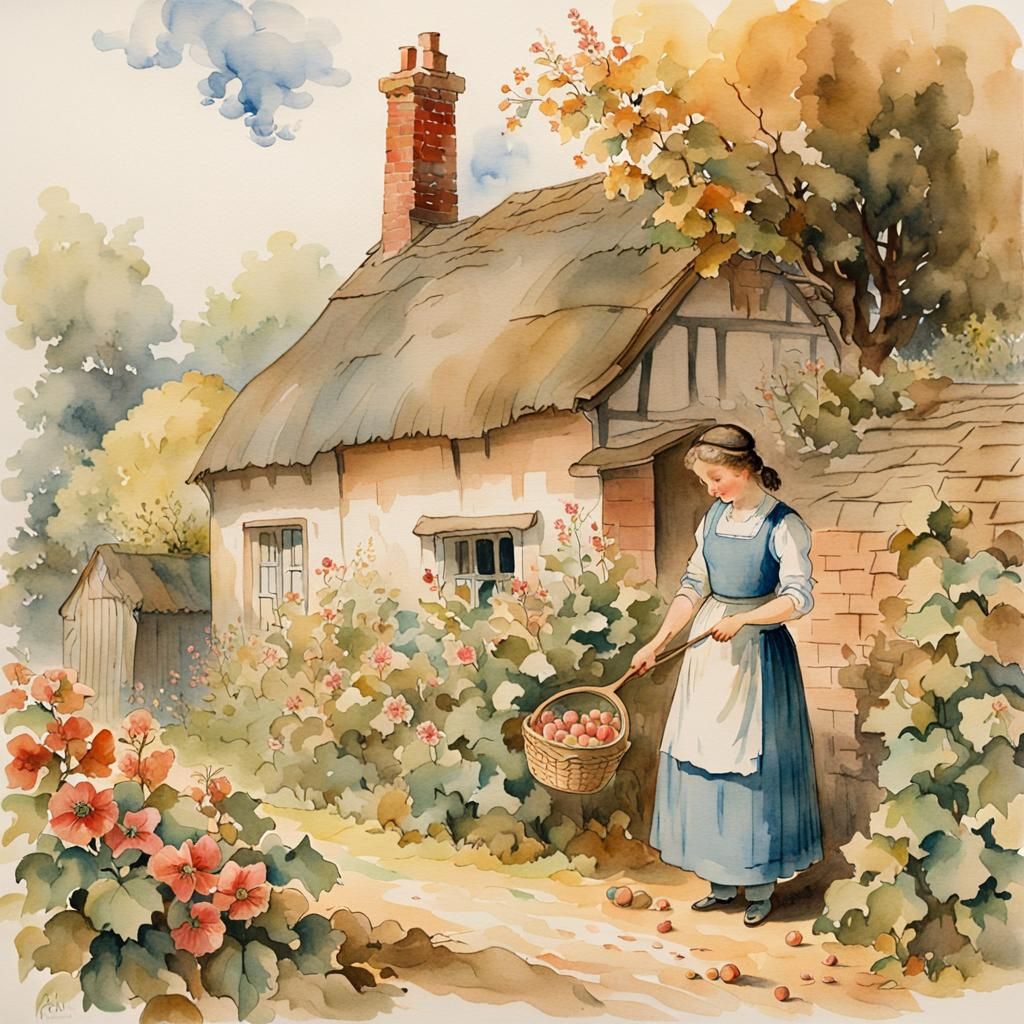 Charming 18th Century Cottage Scene in Watercolor Style