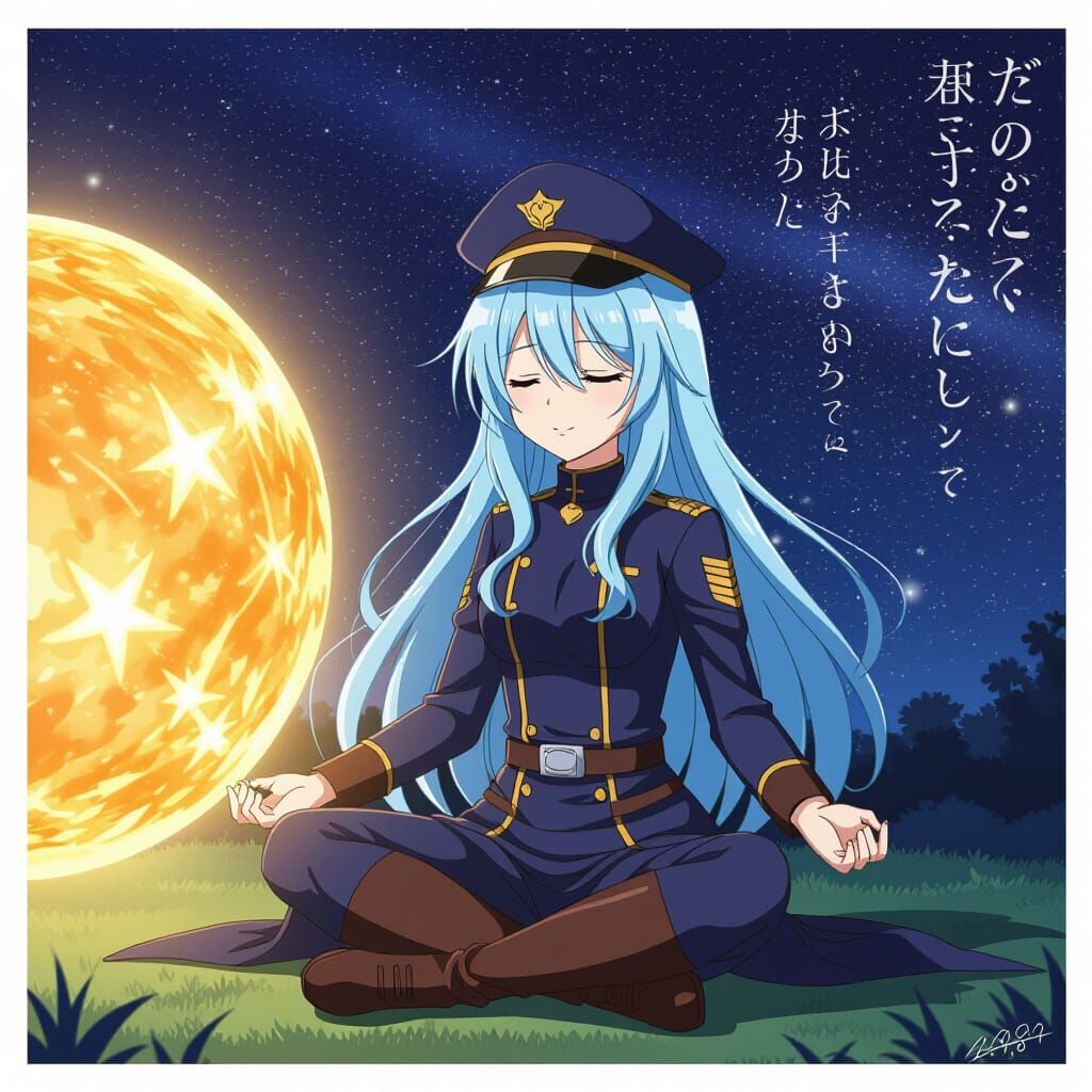 Kawaii Copernicus Meditating on Sun and Stars in Anime Style