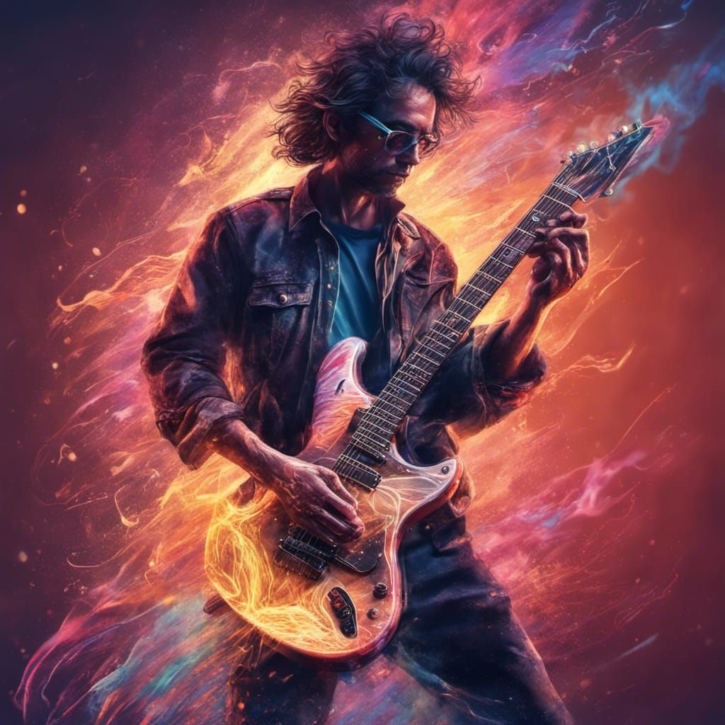 Hyperrealistic Electric Guitarist Made of Sound Waves