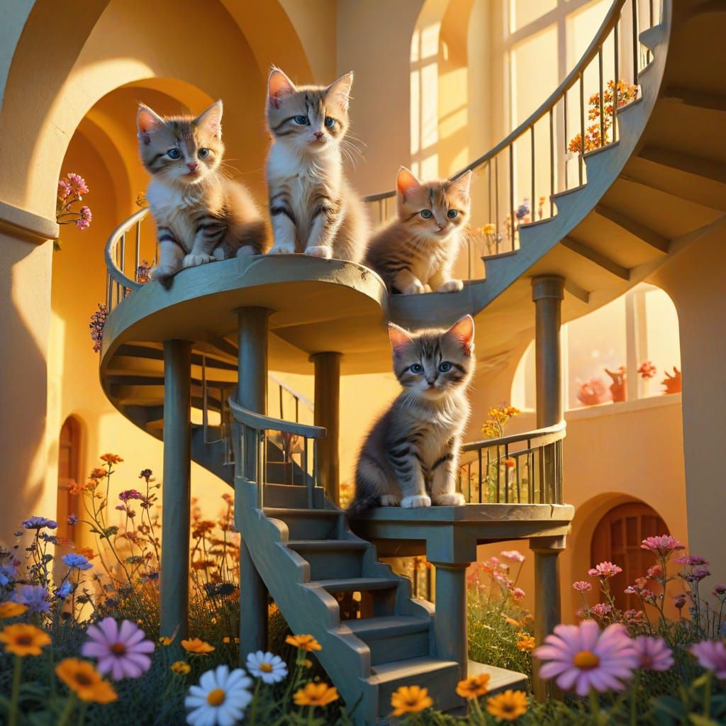 Kittens Play in Impossible Escher Architecture