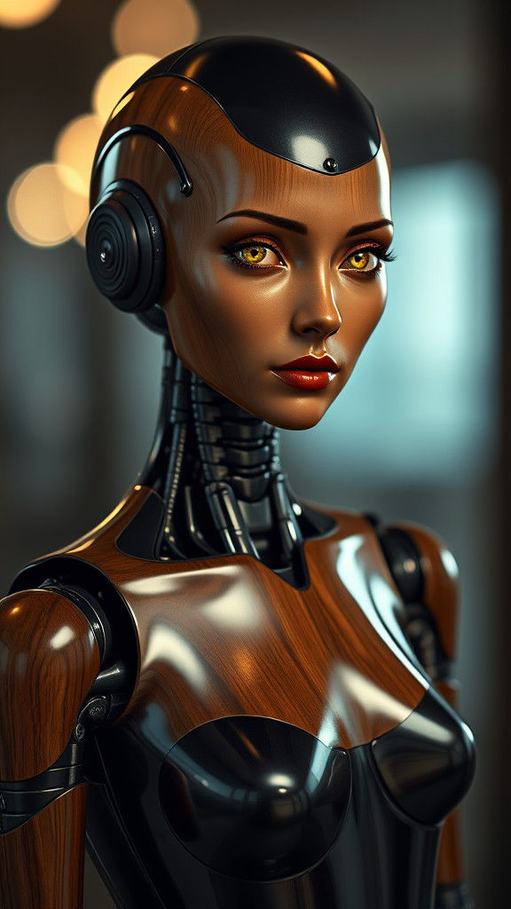 1940s Android Portrait with Polished Wood and Steel