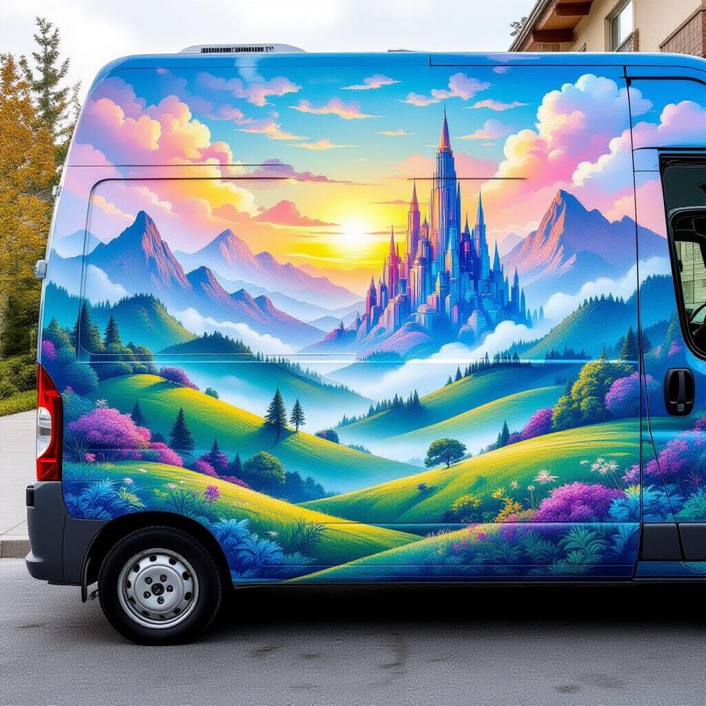 Airbrushed Fantasy Landscape Mural with Misty Mountains