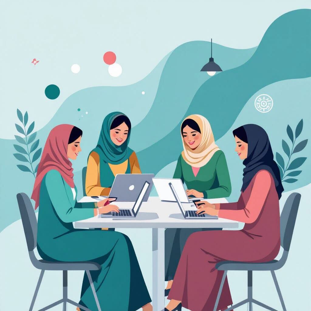 Afghan Women Collaborating in Modern Workspace Flat Design