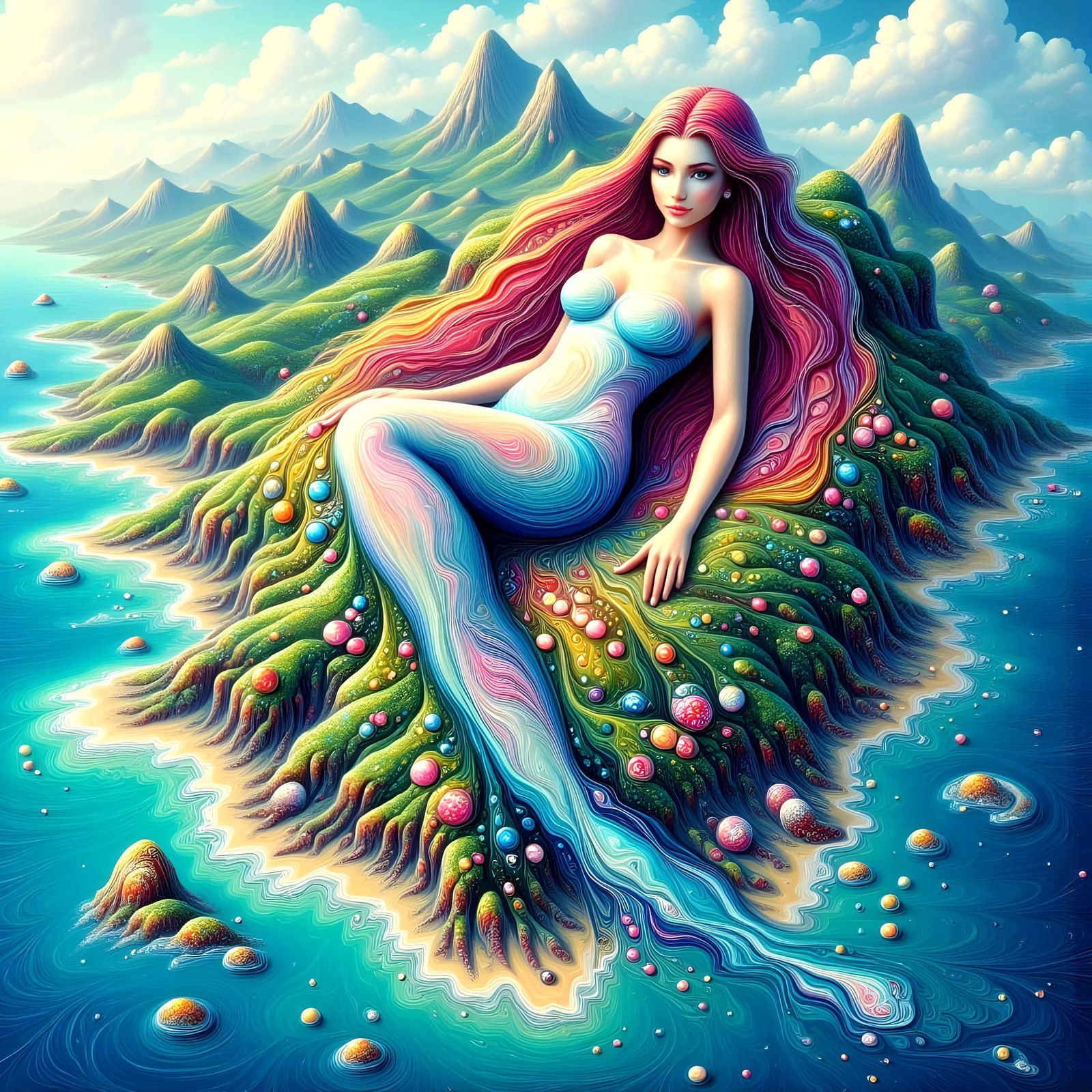 Surreal Island Goddess in Vibrant Colors and Pastel Hues