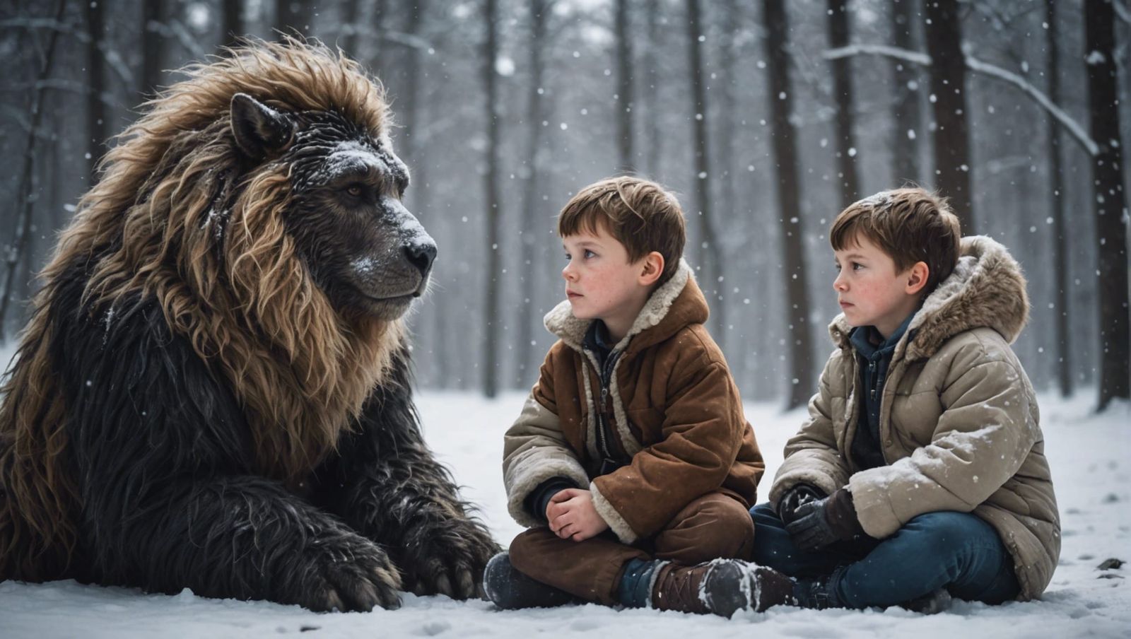 Child and Mythical Creature in Winter Wonderland