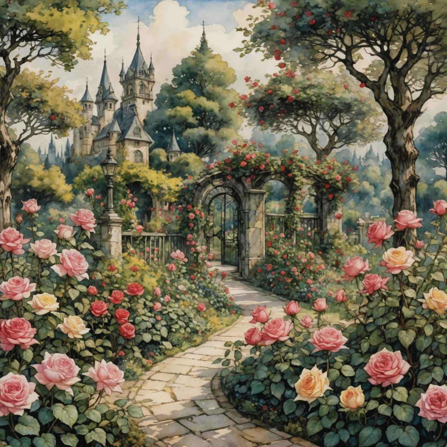 Fairytale Rose Garden in Watercolor Anime Style
