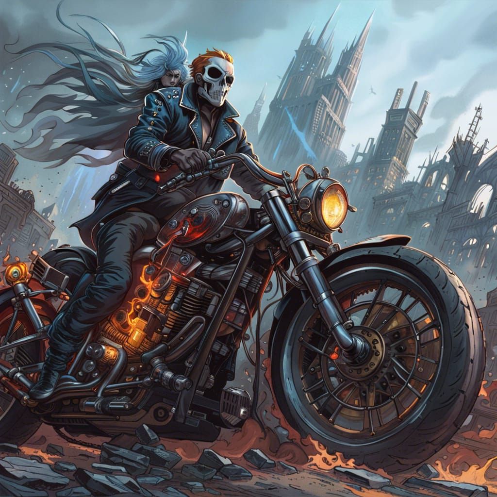Ghost Rider in Post-Apocalyptic City: Fiery Splash Art