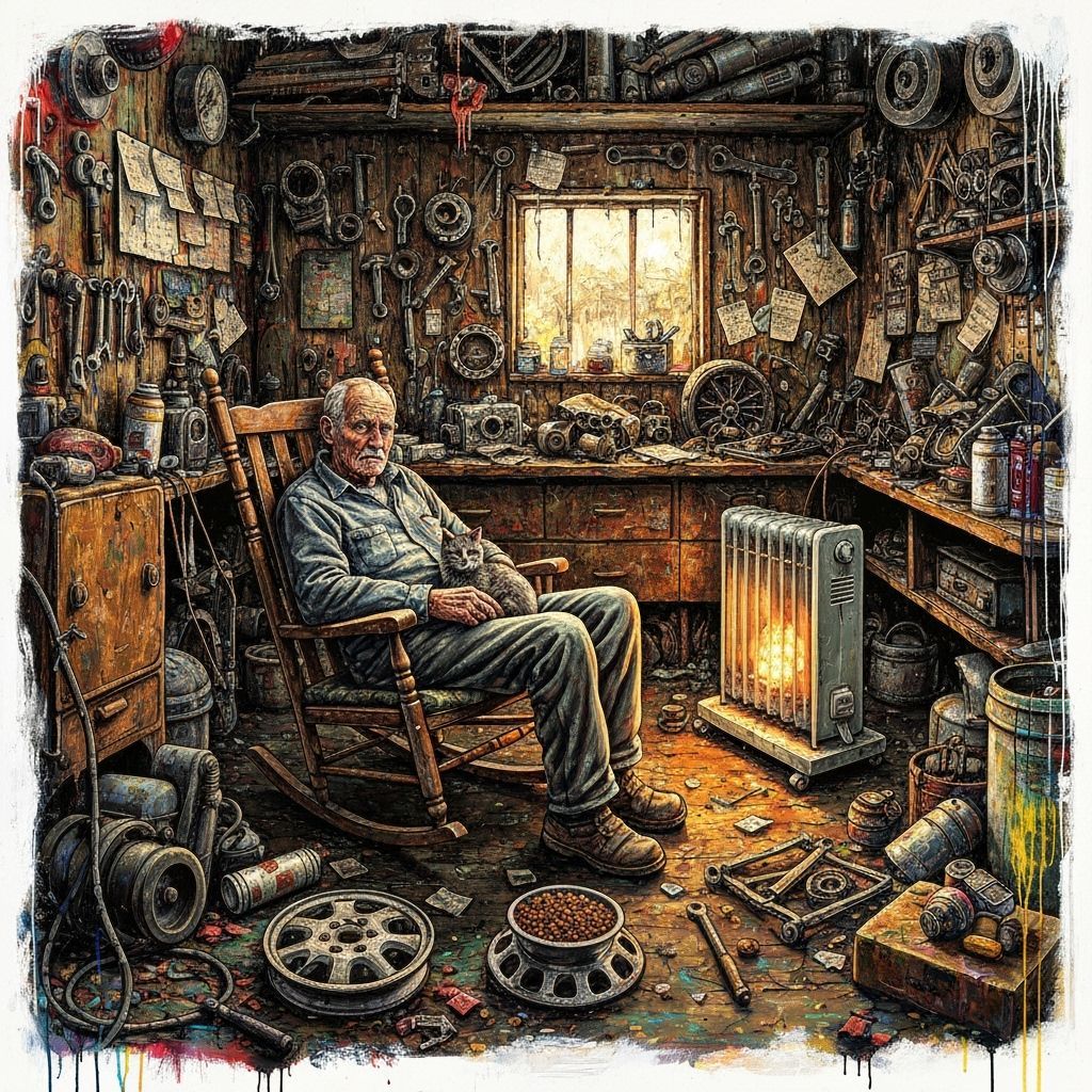 Junkyard Man and Cat in Gritty Office