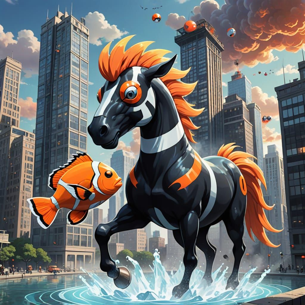 Psychedelic Horse-Clownfish Pokemon on Sunken Skyscraper