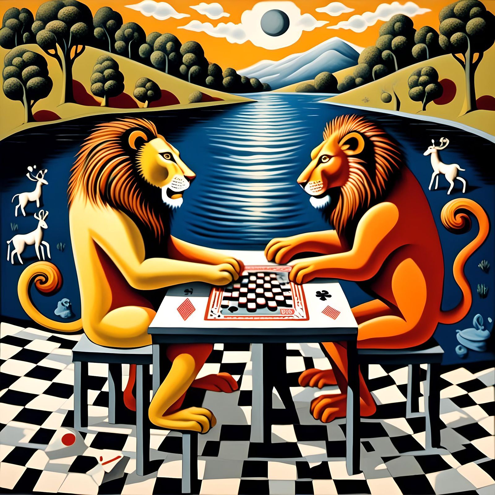 Lion and Antelope Play Poker in Surreal Scene