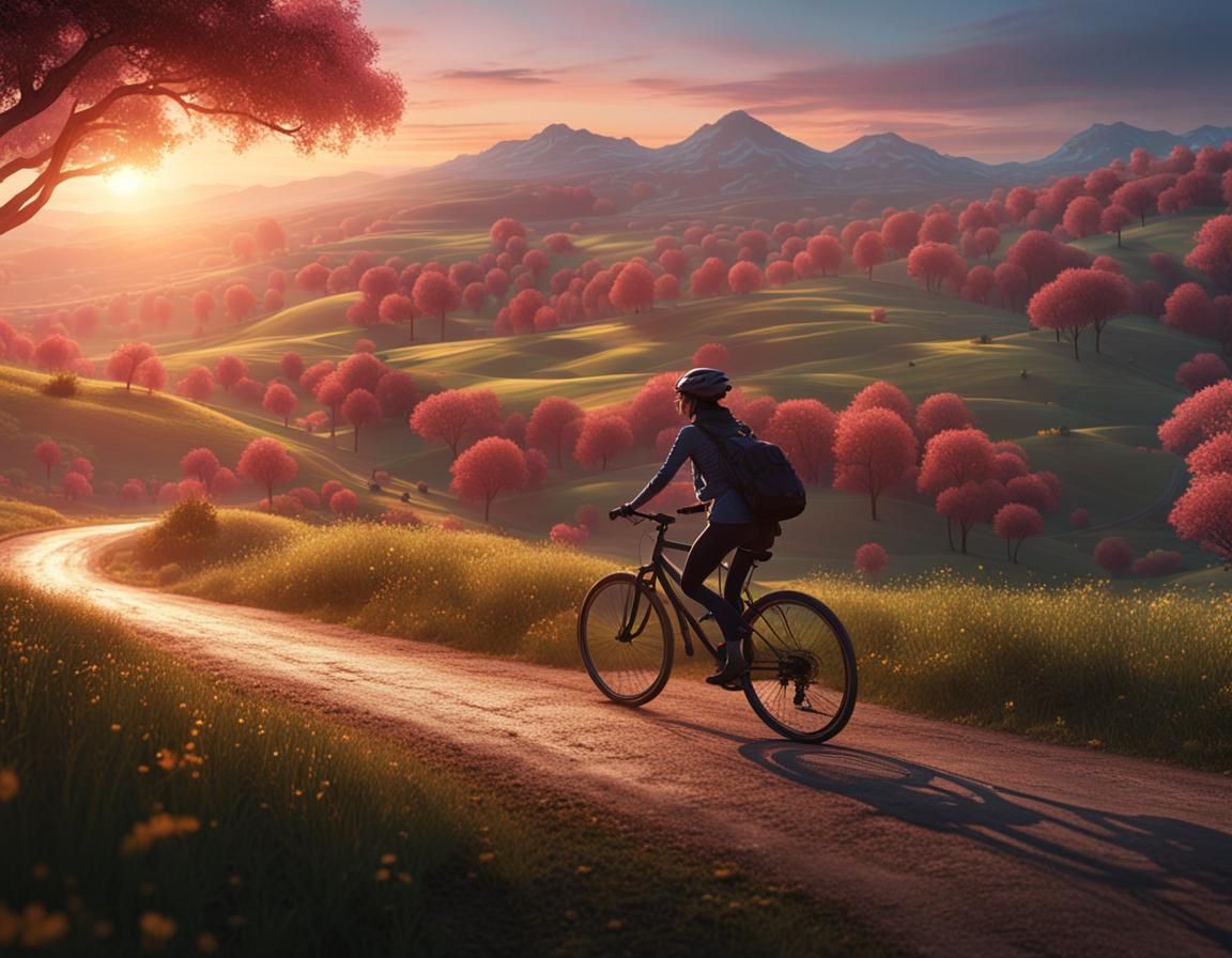 Woman Biking at Sunrise: Fantasy Matte Painting