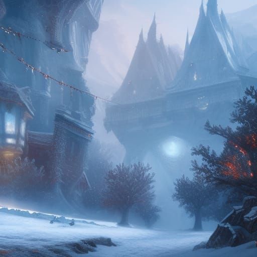 Fantastical Snow Scene in Detailed Matte Painting Style