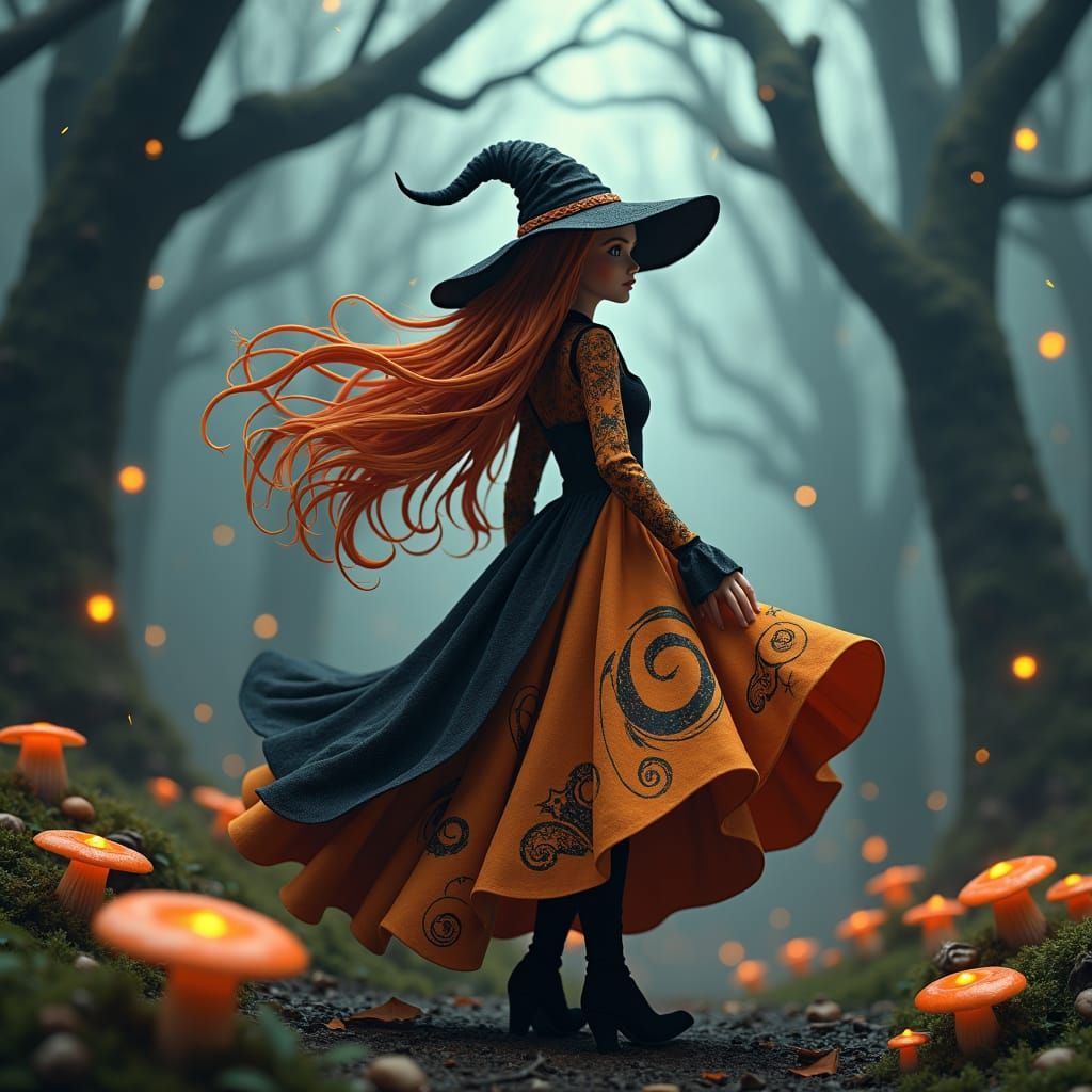 A 3D illustration of a stunning autumn witch standing in a s...