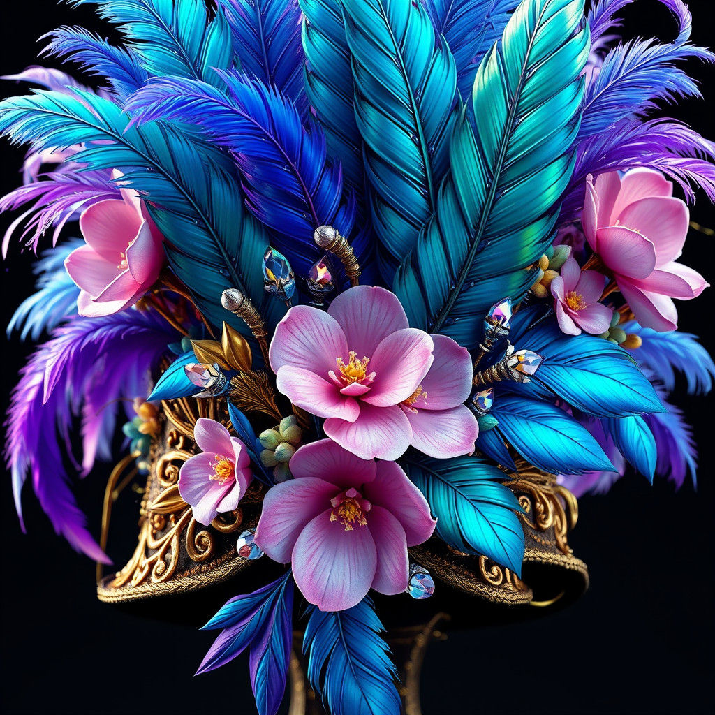 Ornate Hat with Feathers, Flowers, and Crystals