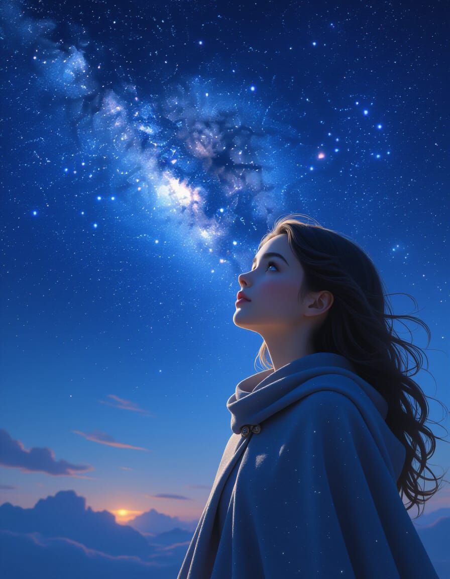 Hyperrealistic Young Stargazer Elyara with Nebula Eyes