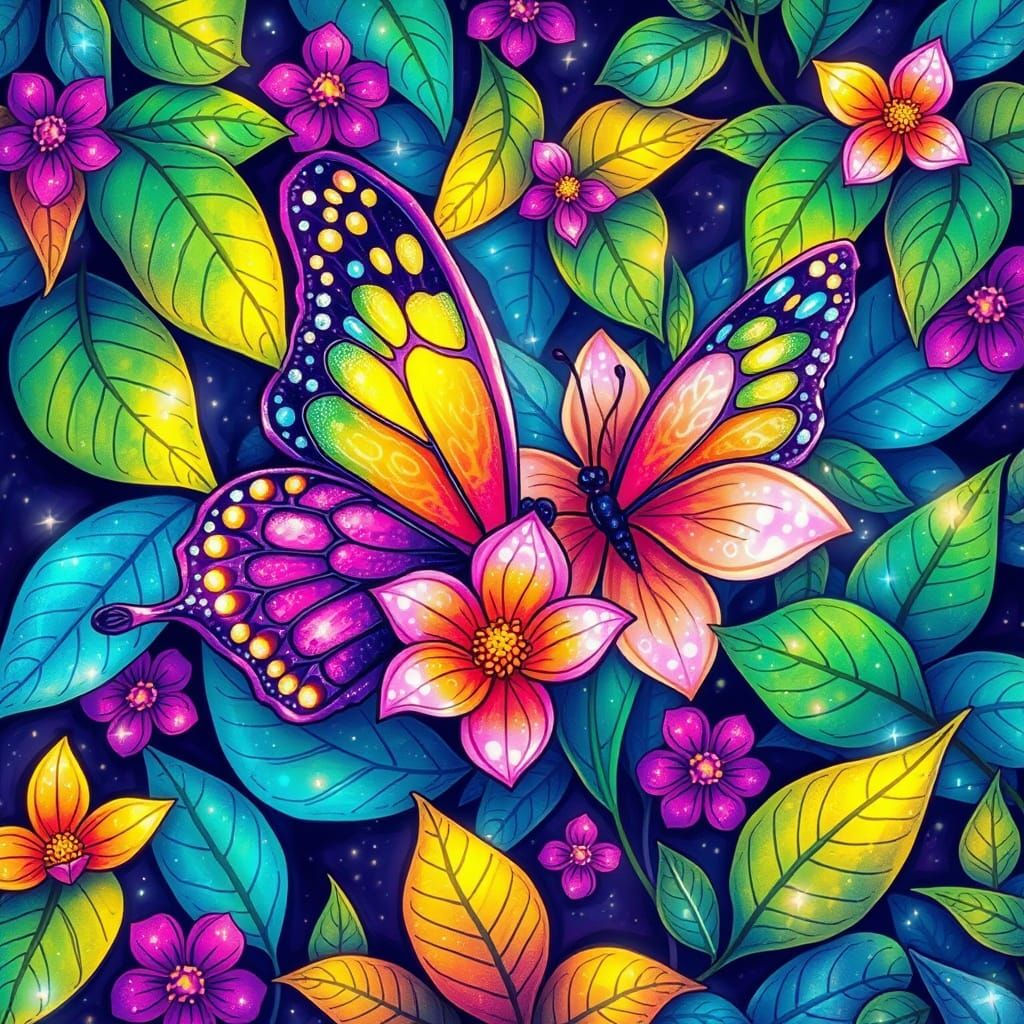 Whimsical Butterfly and Flower Art with Holographic Sparkle