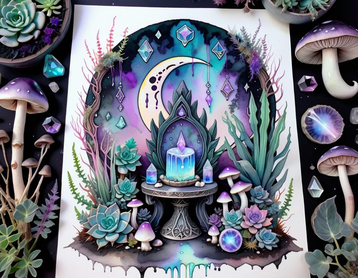 Goddess Altar with Succulents in Pastel Goth Style