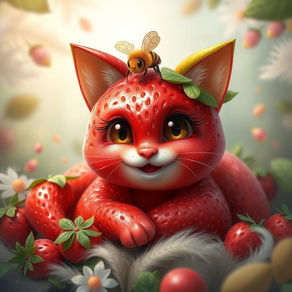 Whimsical Strawberry Cat Surrounded by Gentle Mist with a Ha...