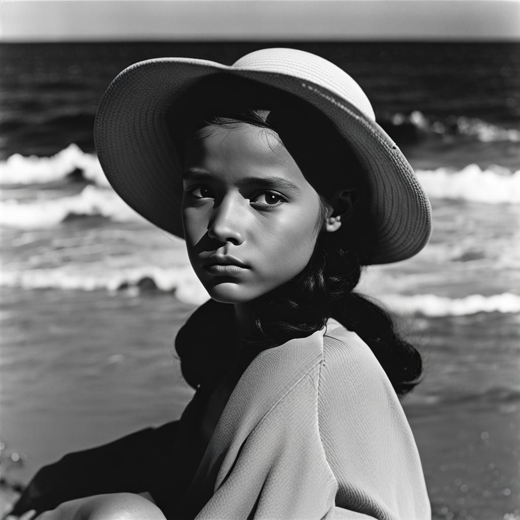 Monochrome Girl by Ocean, High Contrast Photography