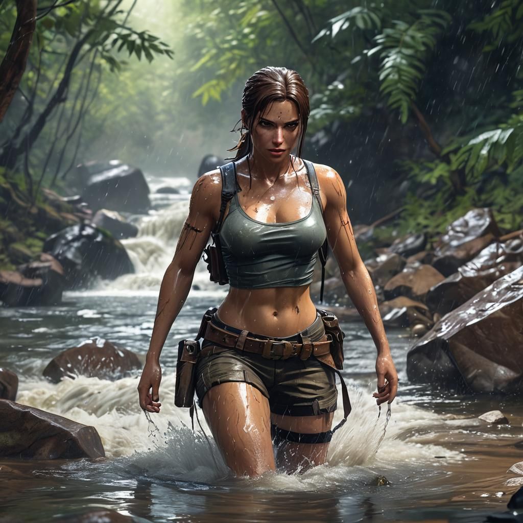 Anime Lara Croft Emerges from River Stream