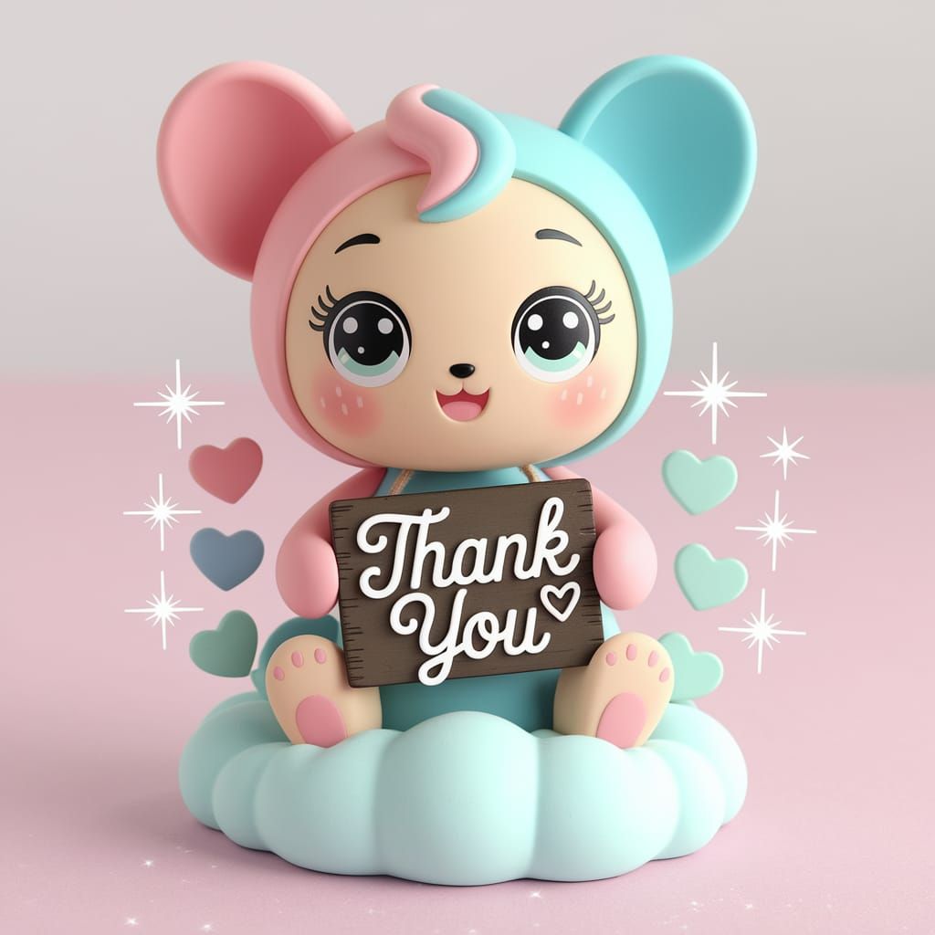 Whimsical Pastel Thank You Figurine with Big Eyes and Hearts