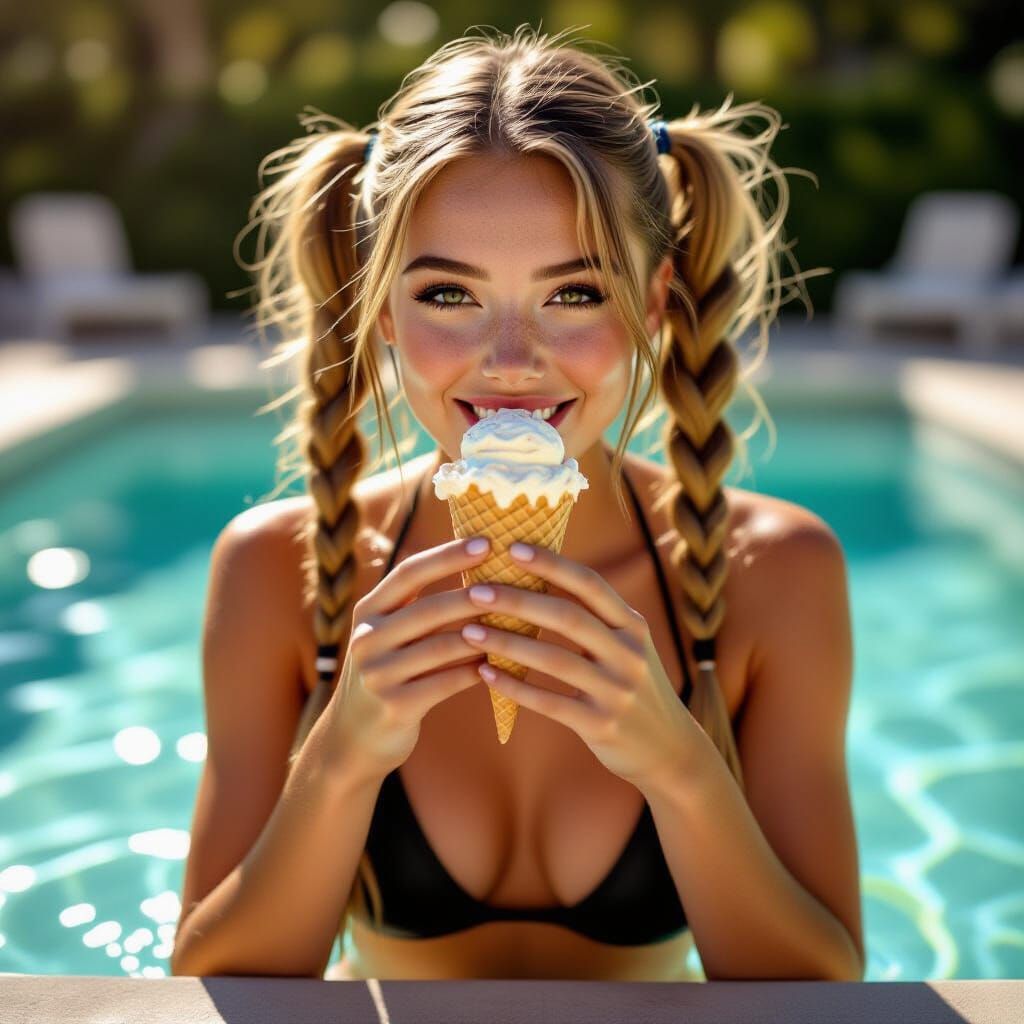 Woman in Bikini Eating Ice Cream Poolside in Golden Hour Lig...